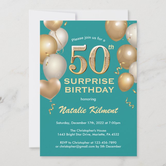 Surprise 50th Birthday Teal and Gold Balloons Invitation (Front)
