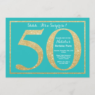 Surprise 50th Birthday Teal and Gold Glitter Invitation