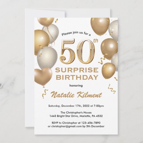 Surprise 50th Birthday White and Gold Balloons Invitation