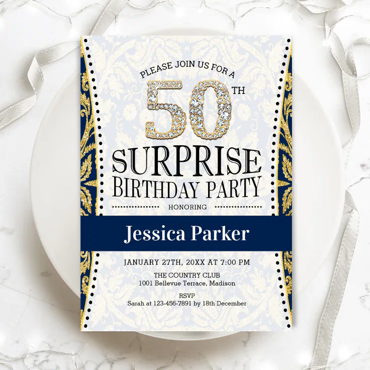 Surprise 50th Birthday White Gold Navy Invitation Zazzle