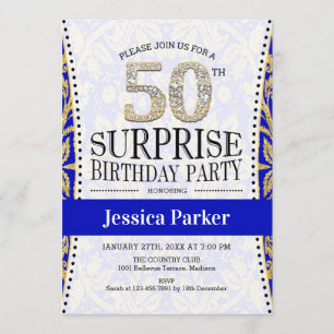 Surprise 50th Birthday - White Gold Royal Blue Invitation