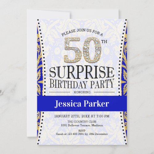 Surprise 50th Birthday _ White Gold Royal Blue Invitation