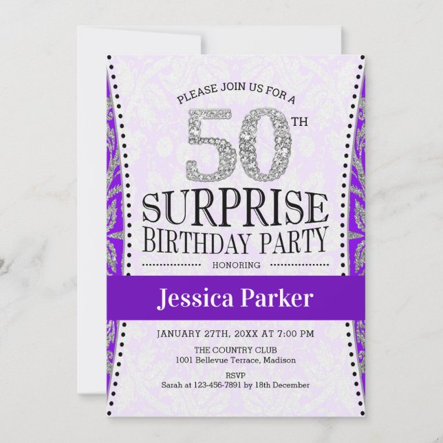 Surprise 50th Birthday - White Silver Purple Invitation (Front)