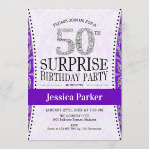 Surprise 50th Birthday - White Silver Purple Invitation