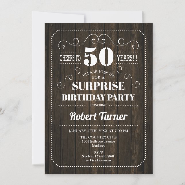 Surprise 50th Birthday - Wood Pattern Invitation (Front)