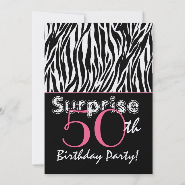 SURPRISE 50th Birthday Zebra Stripes Black White Invitation (Front)