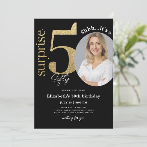 Surprise 50th Black Gold Birthday Invitation Photo