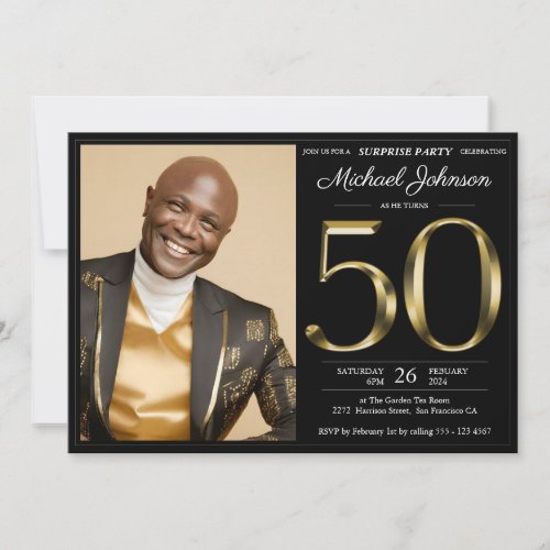 Surprise 50th Black Gold Custom Photo Birthday Invitation