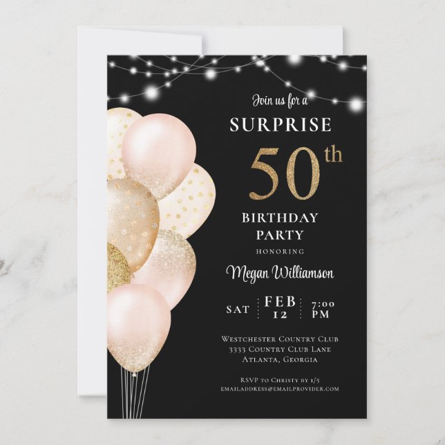Surprise 50th Black Gold Pink Birthday Invitation (Front)