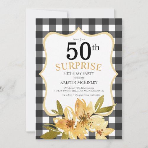 Surprise 50th Buffalo Plaid Yellow Floral Birthday Invitation