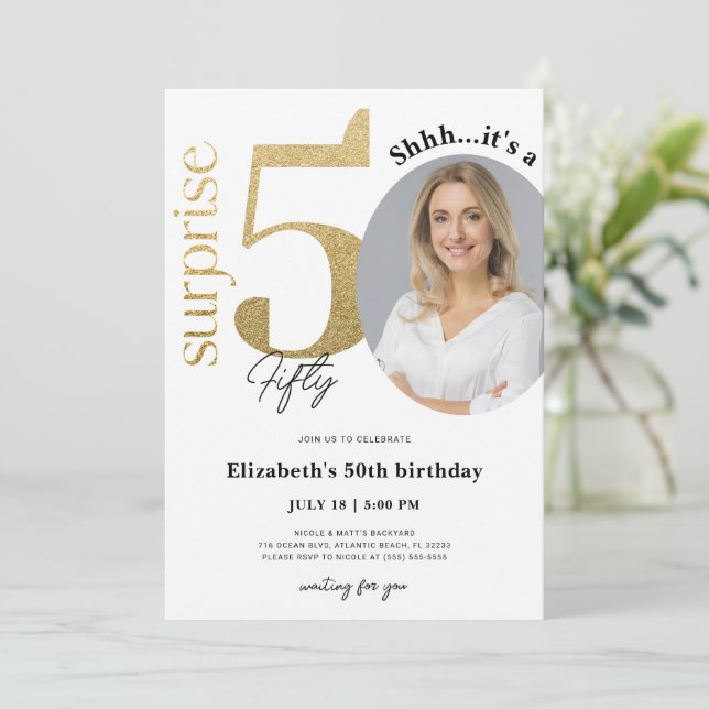 Surprise 50th Gold Birthday Invitation with Photo (Standing Front)