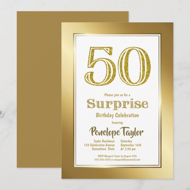 Surprise 50th Gold Birthday Party Invitation (Front/Back)