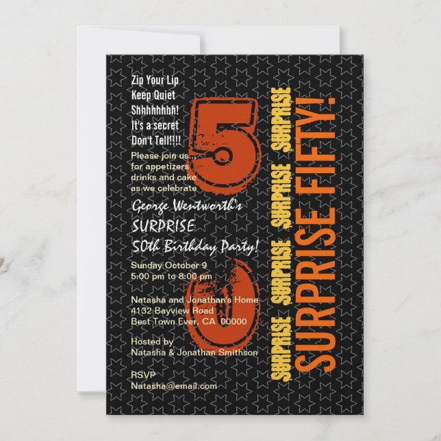 SURPRISE 50th Modern Birthday Black Gold Orange Invitation (Front)