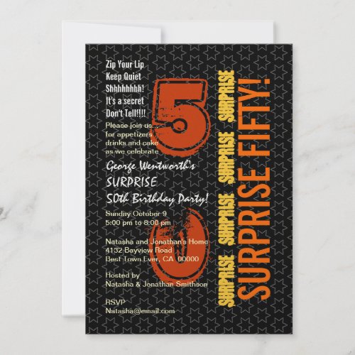 SURPRISE 50th Modern Birthday Black Gold Orange Invitation