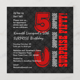 SURPRISE 50th Modern Birthday Black Red W587 Invitation