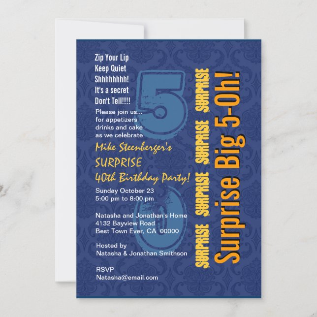 SURPRISE 50th Modern Birthday Blue and Gold R432 Invitation (Front)