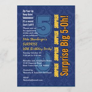 SURPRISE 50th Modern Birthday Blue and Gold R432 Invitation
