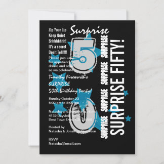 SURPRISE 50th Modern Birthday Blue Stars W1758 Invitation