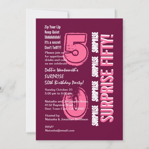SURPRISE 50th Modern Birthday Pink Burgundy Wine Personalized Invite