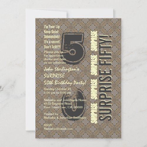 SURPRISE 50th Modern Birthday Wood Tone Pattern Invites
