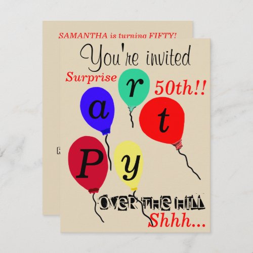 Surprise 50th Over the Hill Balloons  Invitation