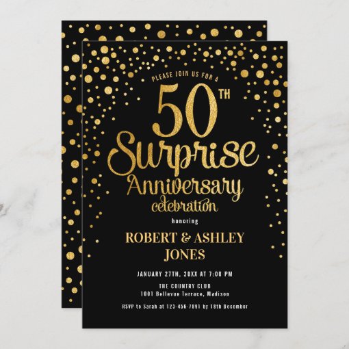 Surprise 50th Wedding Anniversary - Black & Gold Invitation | Zazzle