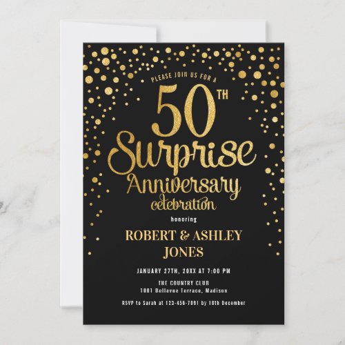 Surprise 50th Wedding Anniversary _ Black  Gold Invitation