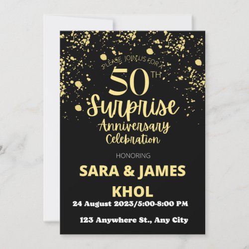 Surprise 50th Wedding Anniversary _ Black  Gold Invitation