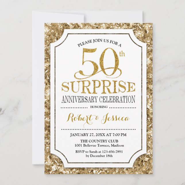 Surprise 50th Wedding Anniversary - White Gold Invitation (Front)