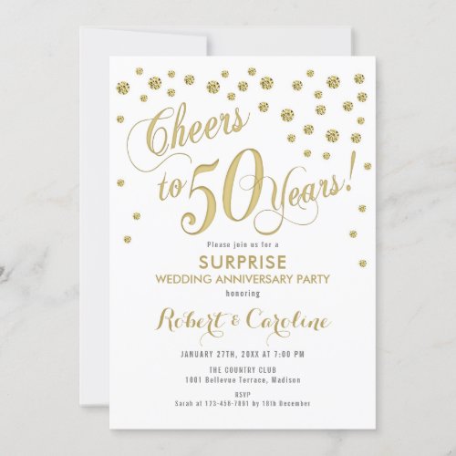 Surprise 50th Wedding Anniversary _ White  Gold Invitation