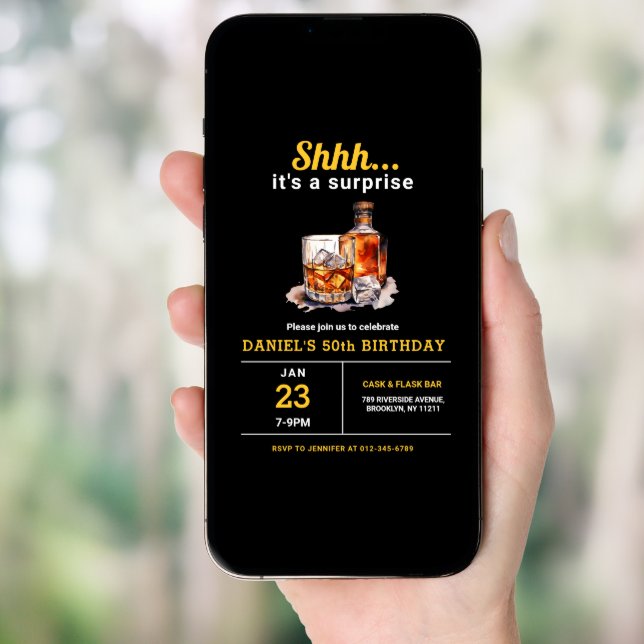 Surprise 50th Whiskey Bourbon Birthday Party Invitation (Front Digital)