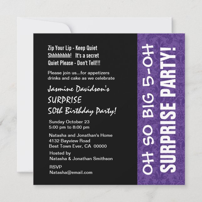 SURPRISE 50th Year Birthday Modern Purple Q002 Invitation (Front)