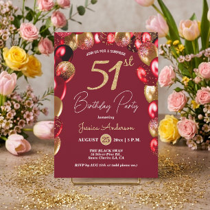 Surprise 51st Birthday Party Gold Burgundy Glitter Invitation