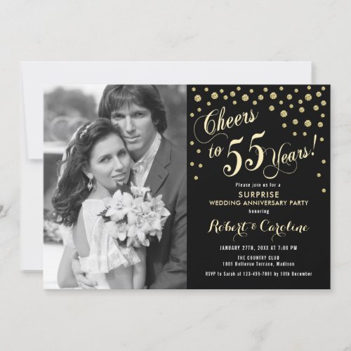 Surprise 55th Anniversary with Photo _ Gold Black Invitation