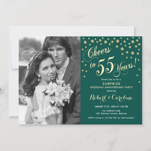 Surprise 55th Anniversary with Photo - Gold Green Invitation (Front)