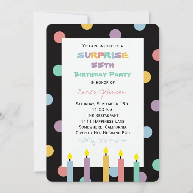 Surprise 55th Birthday Party Dots And Candles Invitation Zazzle
