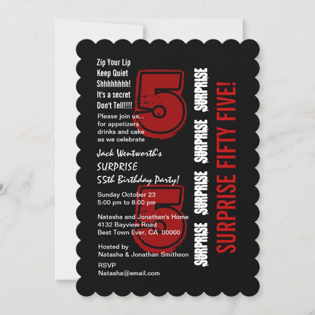 SURPRISE 55th Modern Birthday Red Black White W20B Invitation (Front)