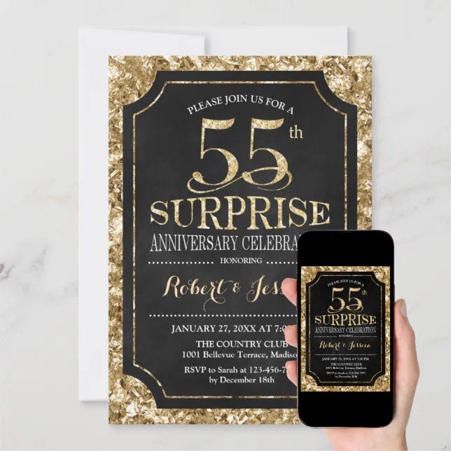 Surprise 55th Wedding Anniversary - Black Gold Invitation | Zazzle