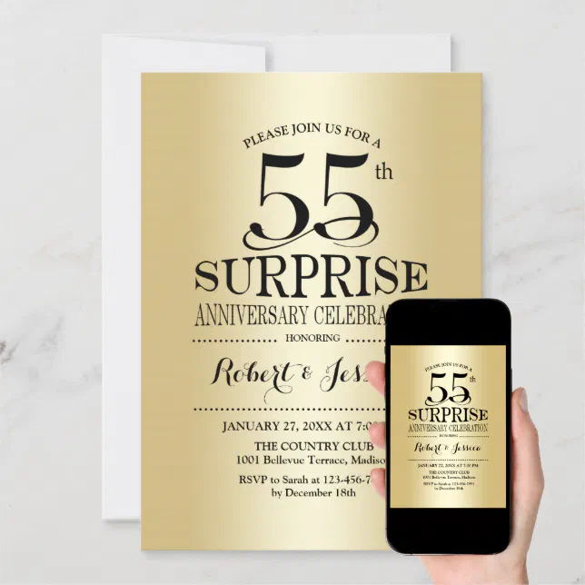 Surprise 55th Wedding Anniversary - Gold Invitation | Zazzle