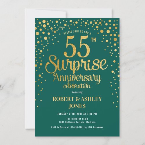 Surprise 55th Wedding Anniversary _ Green  Gold Invitation