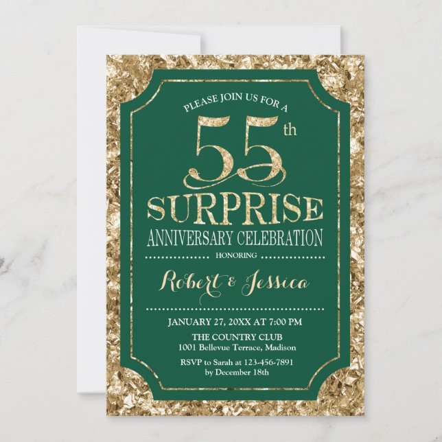 Surprise 55th Wedding Anniversary - Green Gold Invitation (Front)