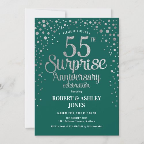 Surprise 55th Wedding Anniversary _ Green  Silver Invitation
