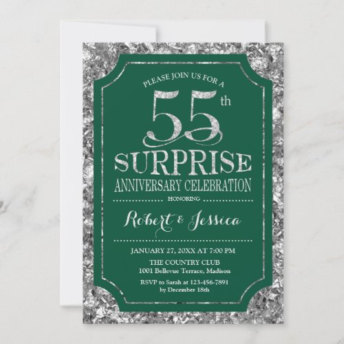 Surprise 55th Wedding Anniversary _ Green Silver Invitation