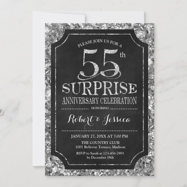 Surprise 55th Wedding Anniversary - Silver Black Invitation (Front)