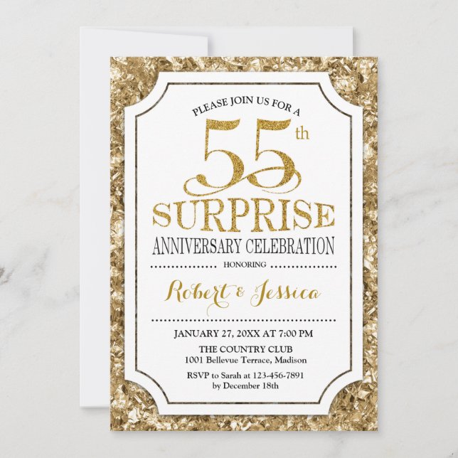 Surprise 55th Wedding Anniversary - White Gold Invitation (Front)