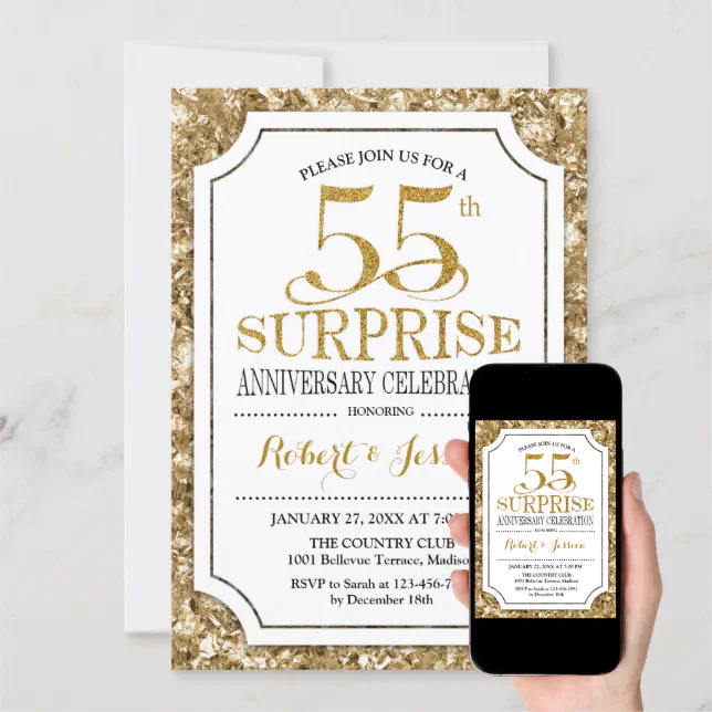 Surprise 55th Wedding Anniversary - White Gold Invitation | Zazzle