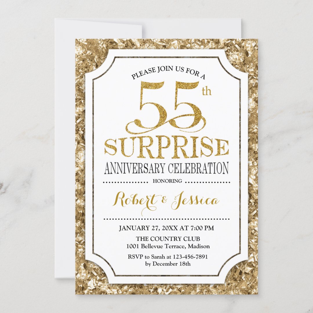 Surprise 55th Wedding Anniversary - White Gold Invitation | Zazzle