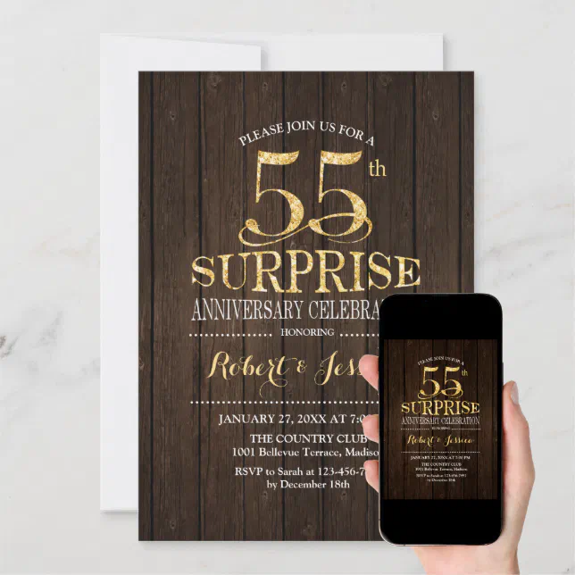 Surprise 55th Wedding Anniversary - Wood Gold Invitation | Zazzle