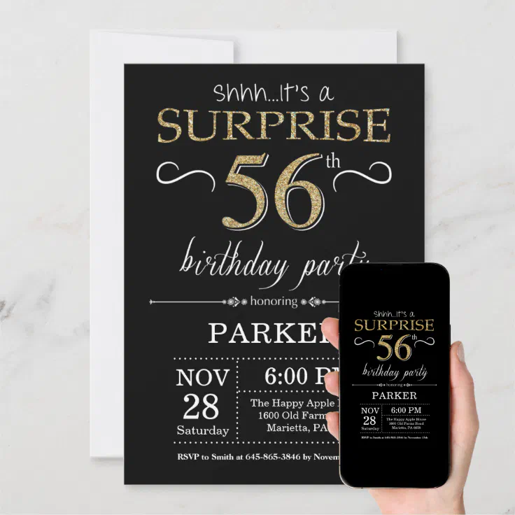 Surprise 56th Birthday Invitation Black and Gold | Zazzle