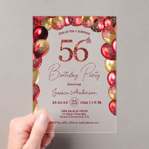 Surprise 56th Birthday Party Gold Burgundy Glitter Acrylic Invitations